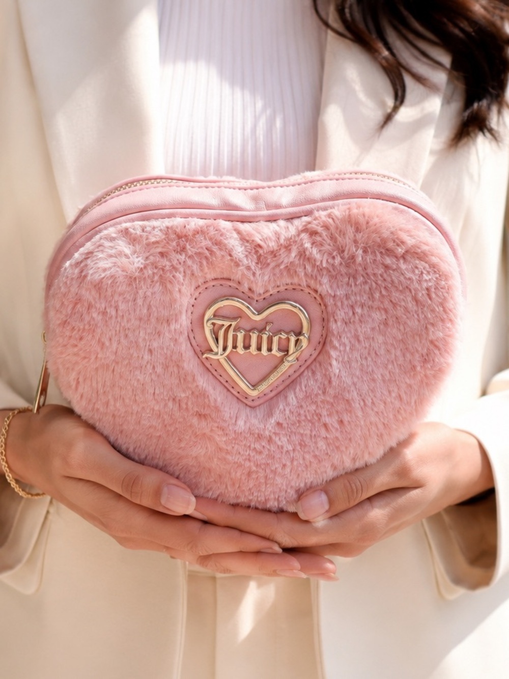 Juicy Couture Blush Pink Heart-Shaped Faux Fur Mini Bag